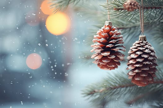 Two Festive Pine Cones Dangling from a Beautifully Decorated Christmas Tree