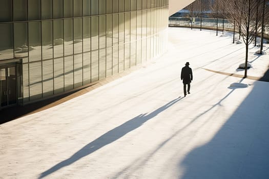 A Serene Winter Stroll: A Man Enjoying the Snowy Sidewalk in the Quietude of Nature Created With Generative AI Technology
