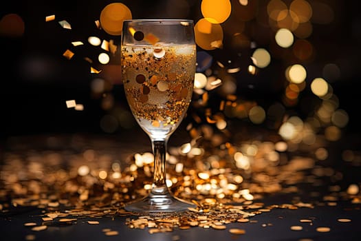 A Sparkling Celebration: Glass Filled With Liquid and Shimmering Gold Confetti