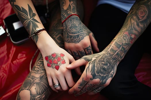 Inked Love: Two Individuals Displaying Intricate Arm Tattoos Created With Generative AI Technology