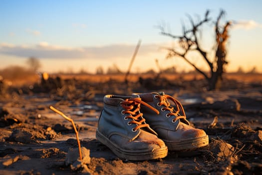 The Lonely Pair: A Pair of Abandoned Shoes Left on a Solitary Dirt Field Created With Generative AI Technology
