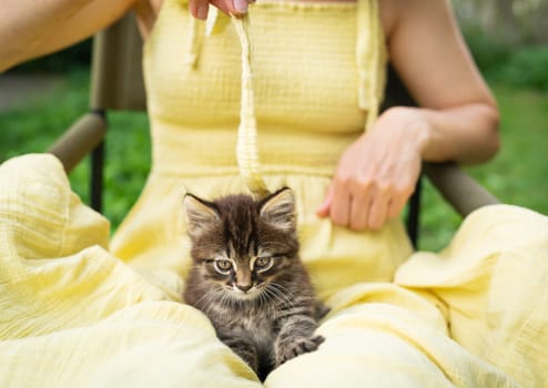 Woman in a yellow dress playing with a small gray tabby kitten in her lap, in a garden setting