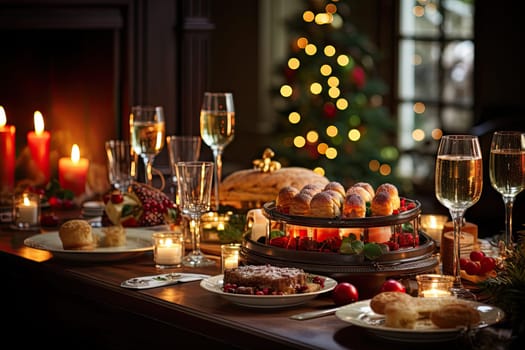 A Festive Holiday Dinner Table Set with Candles, Delicious Food, and Warm Atmosphere