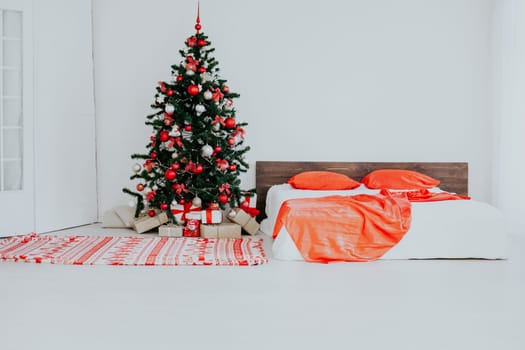 decor white bedroom with Christmas tree Christmas gifts Red 1
