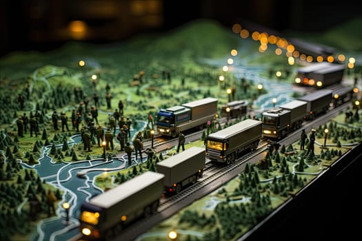 Miniature City with Detailed Buildings and a Moving Train on the Tracks Created With Generative AI Technology