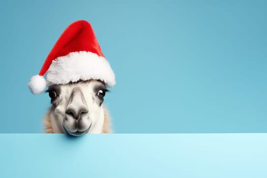 A very funny llama or alpaca in a Santa Claus hat isolated on blue background. New Year or Christmas concept banner with lama and copy space.
