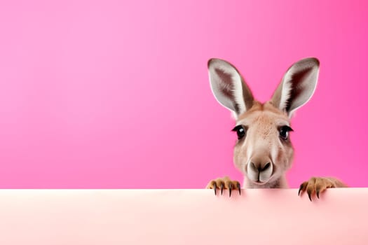 Funny lively kangaroo isolated on pink background. Banner with kangaroo and copy space