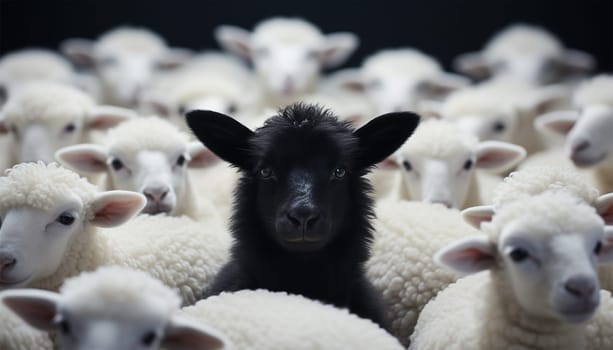 Standing out of the crowd. Dare to be different concept. A black sheep among the herd of white sheep. Black sheep of the family concept design close up