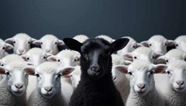 Standing out of the crowd. Dare to be different concept. A black sheep among the herd of white sheep. Black sheep of the family concept design close up