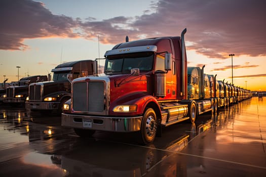 A Line of Parked Semi Trucks in a Rest Area Created With Generative AI Technology