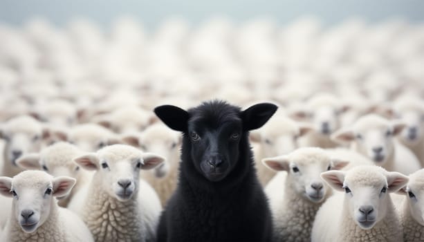 Standing out of the crowd. Dare to be different concept. A black sheep among the herd of white sheep. Black sheep of the family concept design close up