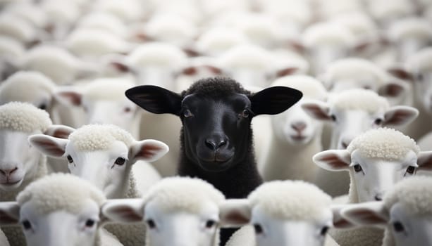 Standing out of the crowd. Dare to be different concept. A black sheep among the herd of white sheep. Black sheep of the family concept design close up
