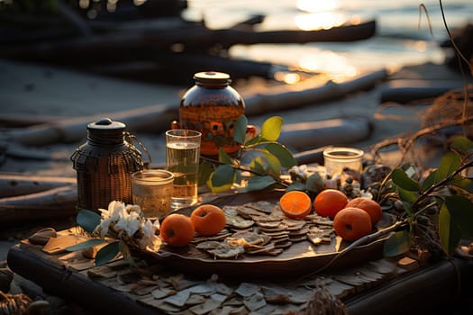 A Vibrant Citrus Display: Oranges, Bottles, and Refreshing Colors Abound Created With Generative AI Technology