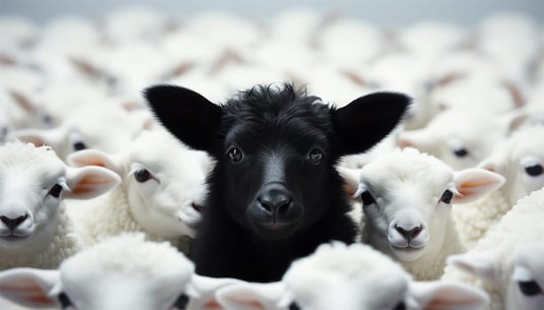 Standing out of the crowd. Dare to be different concept. A black sheep among the herd of white sheep. Black sheep of the family concept design close up