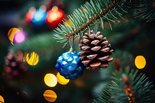 A Sparkling Pine Cone Adorning a Festive Christmas Tree with Twinkling Lights