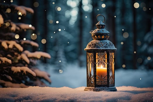 A Serene Winter Evening: Illuminated Lantern Casting Warm Glow on Snow-Covered Pine Tree