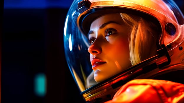 In the cosmic silence, a close up of a female astronauts face exudes a mix of wonder and focus, epitomizing the essence of courage in the unknown