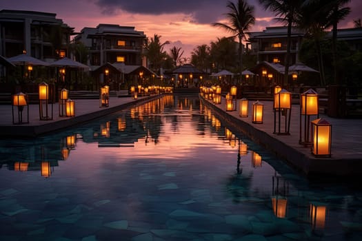 A Serene Nighttime Oasis: A Pool Aglow with the Warm Light of Lanterns