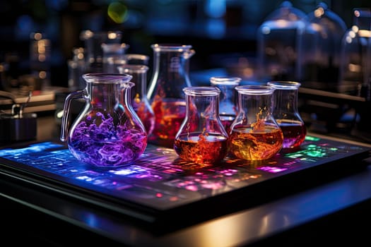 An Abundance of Colorful Glass Bottles on a Spacious Wooden Table Created With Generative AI Technology