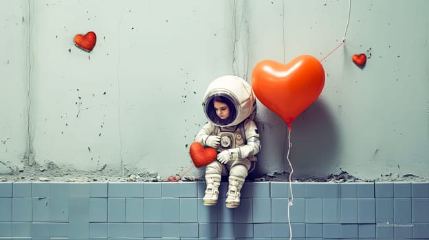 Little astronaut dreams, Child in suit sits with a heart balloon, a cosmic adventure of love and imagination taking flight