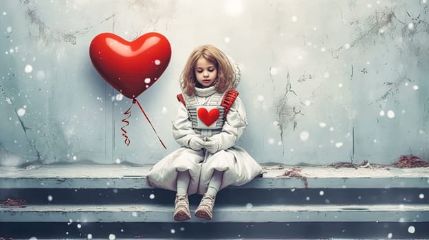 Innocence in space, Kid in astronaut attire with a heart balloon a tender scene blending youthful wonder with cosmic aspirations