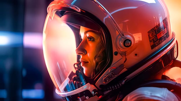 A close up reveals the resilience in the eyes of a female astronaut, adorned in a sleek spacesuit a portrait of strength in the vastness of space