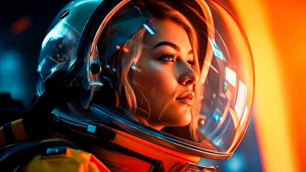 Close up on a female astronauts visage, capturing the blend of awe and determination etched across her face a testament to the beauty of space exploration