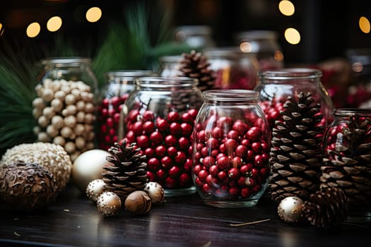 A Festive Display: Glass Jars Filled With Christmas Decorations Sparkling on a Tabletop Created With Generative AI Technology