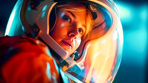 A close up reveals the resilience in the eyes of a female astronaut, adorned in a sleek spacesuit a portrait of strength in the vastness of space