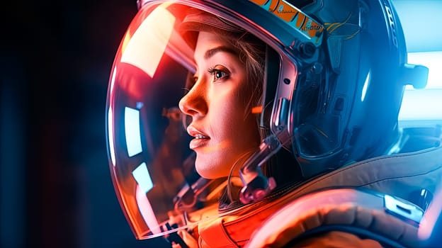 Her gaze reflects the stars, a close up portrait of a female astronaut, embodying the spirit of exploration with a backdrop of interstellar wonder