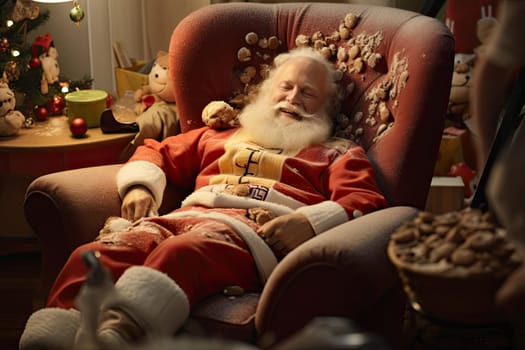 Santa Claus Relaxing in a Festive Chair with a Beautifully Decorated Christmas Tree in the Background