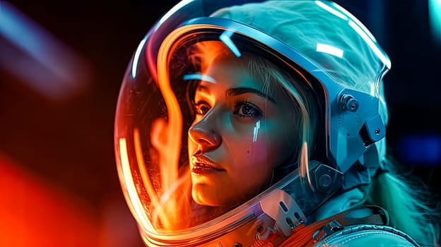 In the visors reflection, a female astronauts determination shines, capturing the essence of courage and grace on the cosmic frontier