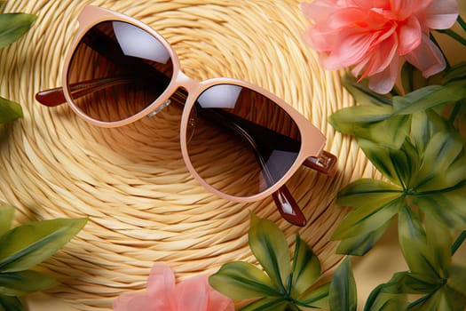 A Stylish Pair of Sunglasses Resting on a Rustic Woven Basket