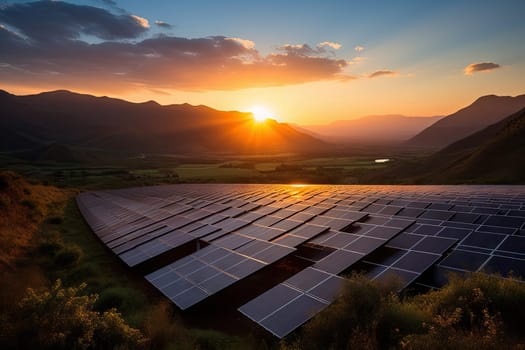Harnessing the Power of the Sun: A Majestic Solar Panel Overlooking a Vibrant Landscape Created With Generative AI Technology