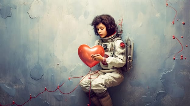 Little astronaut dreams, Child in suit sits with a heart balloon, a cosmic adventure of love and imagination taking flight