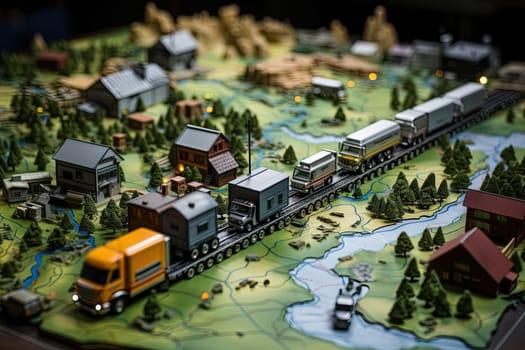 A Miniature Town with a Train Chugging Along the Tracks Created With Generative AI Technology