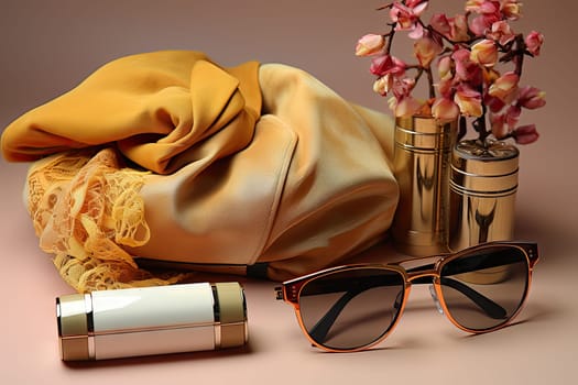 A Stylish Ensemble: Glasses, Scarf, and Flowers Creating a Vibrant and Chic Composition Created With Generative AI Technology