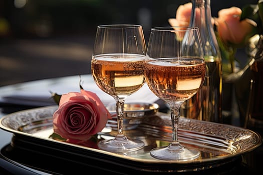 A Trio of Wine Glasses on a Tray, Adorned with a Romantic Rose
