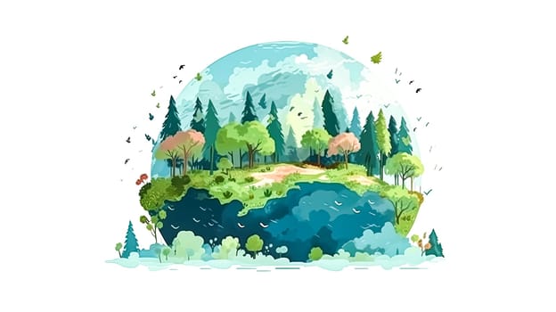 Earth Day jubilation, A green world covered in trees and grass an illustration of our commitment to natures preservation and global festivities