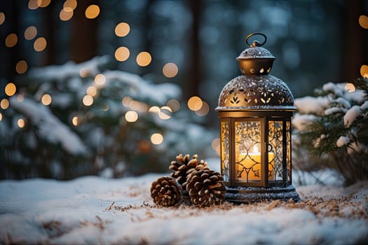 Winter Glow: A Lantern Illuminating Pine Cones in Serene Snowscape