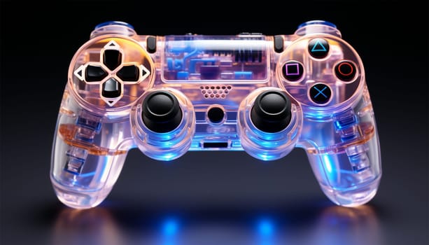 Neon game consol transparent. Purple,blue,pink glowing console controller or joystick with a cool neon background with space theme. best for retro gaming posters or promotional content for gaming tournaments etc. Colorful space themed cover. Copy space space for text