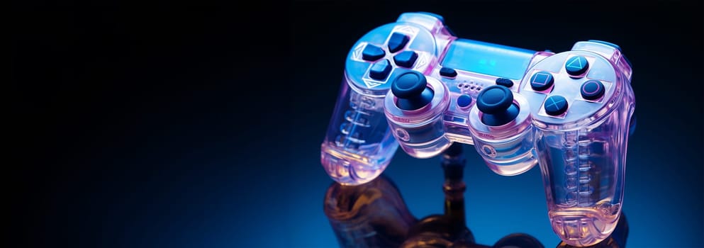 Neon game consol transparent. Purple,blue,pink glowing console controller or joystick with a cool neon background with space theme. best for retro gaming posters or promotional content for gaming tournaments etc. Colorful space themed cover. Copy space space for text