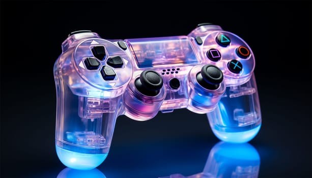 Neon game consol transparent. Purple,blue,pink glowing console controller or joystick with a cool neon background with space theme. best for retro gaming posters or promotional content for gaming tournaments etc. Colorful space themed cover. Copy space space for text