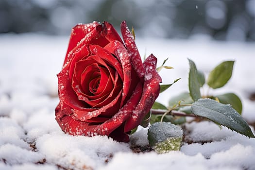 A Fiery Symbol of Love and Beauty: Red Rose on a Serene Winter Landscape Created With Generative AI Technology