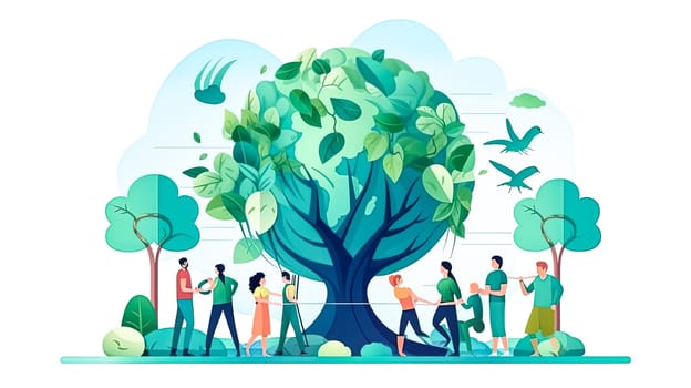 Natures champions, People amid green landscapes, a global coalition for conservation a dynamic Earth Day illustration capturing the spirit of unity