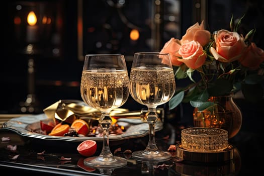 A Sophisticated Dinner Setting: Wine Glasses, Food Plate, and Elegant Tablecloth Created With Generative AI Technology