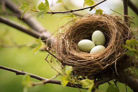 A Serene Avian Abode: A Bird's Nest with Three Delicate Eggs in a Majestic Tree Created With Generative AI Technology