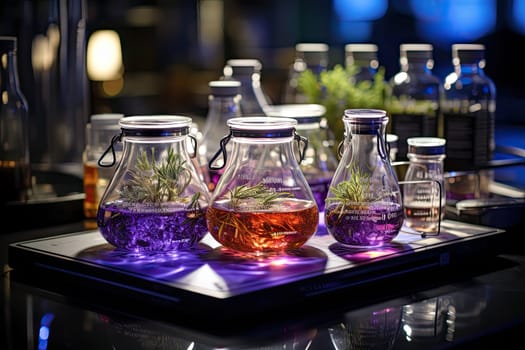 A Multicolored Array of Liquid-Filled Bottles on a Serving Tray Created With Generative AI Technology
