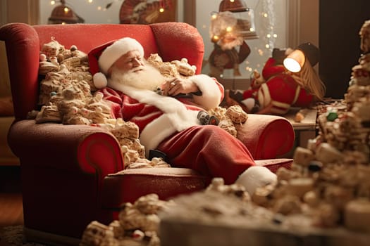 Santa Claus Relaxing in a Festive Red Chair, Admiring a Beautifully Decorated Christmas Tree