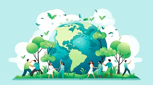 Natures champions, People amid green landscapes, a global coalition for conservation a dynamic Earth Day illustration capturing the spirit of unity